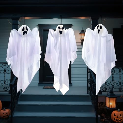 Image of JOYIN 3 PCS Halloween Party Decorations 27.5 inch Hanging Ghosts, Cute Flying Ghosts for Front Yard Patio Lawn Garden Party Decor and Holiday Decorations