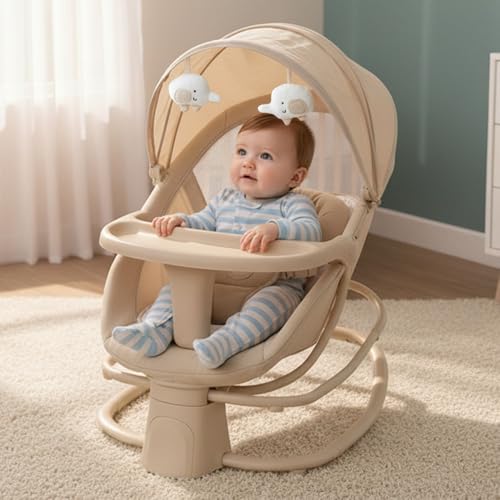 Image of StarAndDaisy X Mastela 4 in 1 Swing Rocker Automatic for Newborn Baby 0 to 18 Month Girl & Boy with 4- Swing Modes, Detachable Tray, Backrest Adjustment Bassinet, Bluetooth Playback - Beige