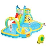 (2025 New) JOYMOR Inflatable Water Slide Bounce House w/Water Bucket, Climbing Wall, Pool, Rainbow Sprinklers, 1min Blow Up Water Slide 10-in-1 for Kids w/Strong Blower, Carrying Bag