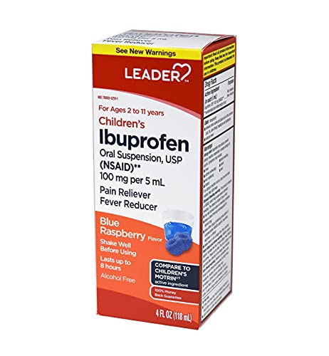 Leader Children\'s Ibuprofen Oral Suspension Liquid, Pain Reliever & Fever Reducer for Kids, Temporary Relief of Minor Aches and Pains, Alcohol Free, Blue Raspberry, 100 mg per 5 mL, 4 fl oz