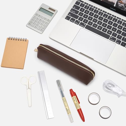 Image of Pencil Case Small Pencil Pouch Slim Zipper Pen Holder School Office College(Dark Brown,Faux Leather)