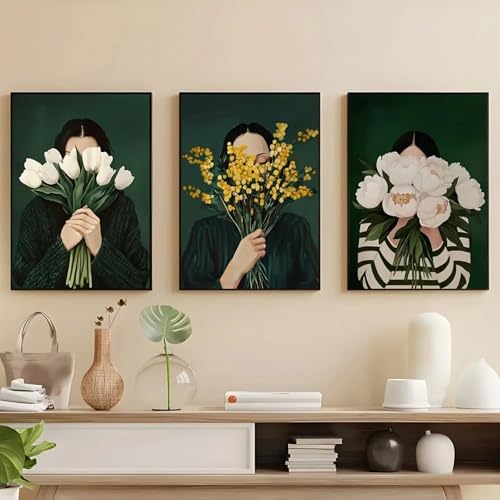 Décoration murale pour salon affiche florale vert émeraude style japonais