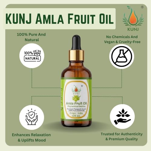 Image of KUNJ Amla Fruit Hair Oil (Phyllanthus emblica) 100ml - 100% Pure & Natural Cold Pressed Undiluted Therapeutic Grade for Hair Growth, Premature Grey Hair, Scalp Nourishment & Hair Fall Control