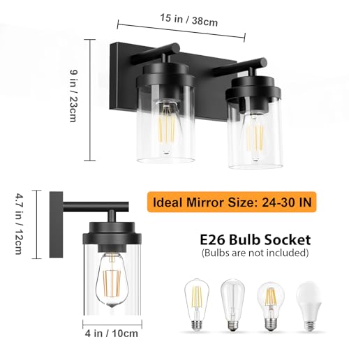 Image of IZORRO Bathroom Vanity Light Fixture, 2-Light 15 Inch Matte Black Bathroom Light Fixtures Over Mirror, with Clear Glass Shade, Modern Farmhouse Vanity Lights, Rustic Restroom Lighting Fixtures