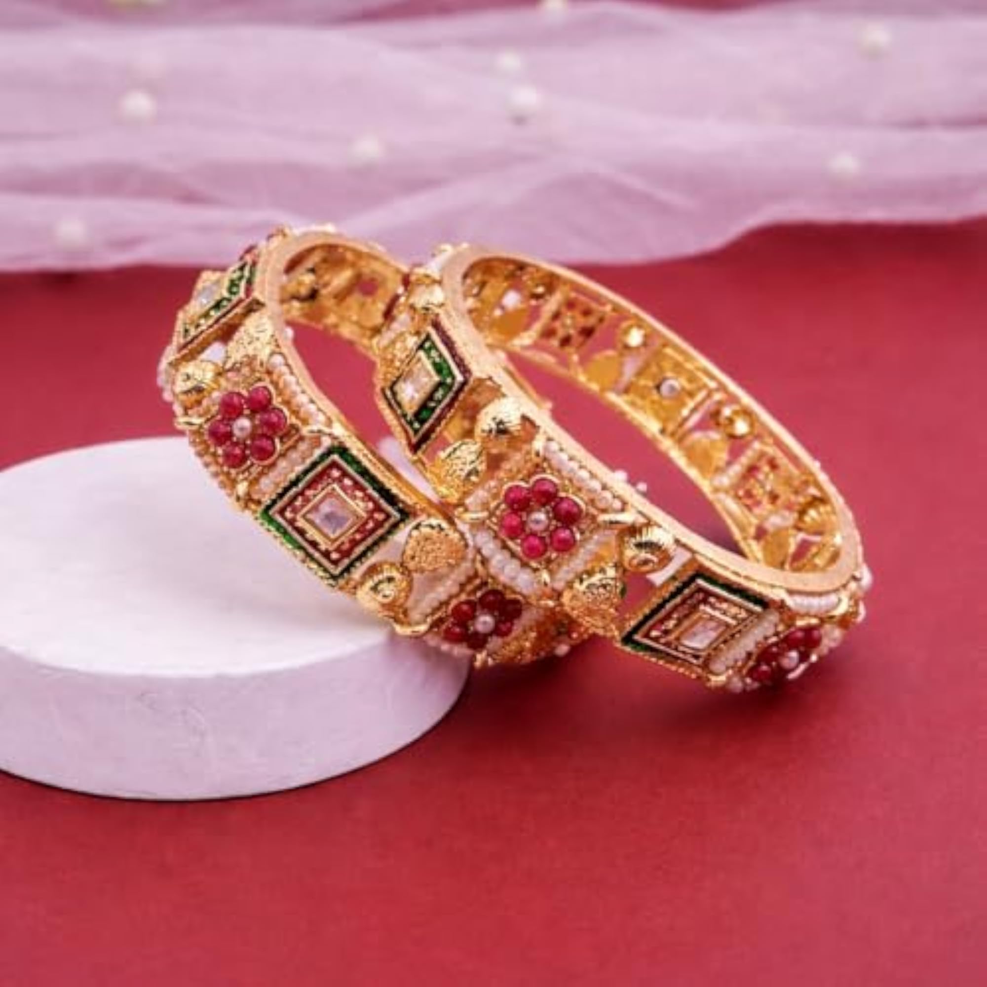 Gold Plated Kundan Meenakari Bangles Set of 2 for Women