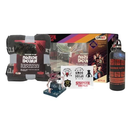 Neamedia Icons Netflix Chill Kit - Stranger Things, officiële licentie, comfortdeken, verzamelfiguur, drinkfles van roestvrij staal, stickerbord, cadeau-idee voor Kerstmis voor fans