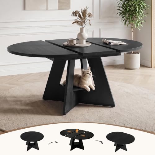 Miereirl 47.24"-63" Extendable Round Dining Table for 4-6, Expandable Round to Oval Kitchen Dining Table with Hidden Extension Leaf, Storage Shelf, Modern Wood Dining Room Table for Home & Apartment