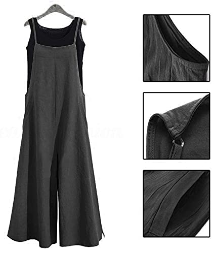 YESNO Women Casual Loose Boyfriend Bib Pants Summer Wide Leg Cotton Jumpsuits Rompers with Pockets XS-5X (XL PZZTYP2 Black) - Thumbnail 6