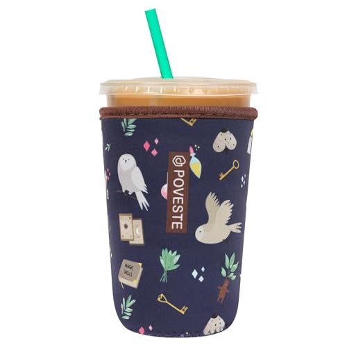 Image of Reusable Neoprene Insulator Sleeve for Iced Coffee & Cold Soda, Coffee Sleeves for Iced & Hot Drinks, Cold Beverage Cooler Compatible with Starbucks, Dunkin (Hogwar Magic, Medium: 22-24oz)