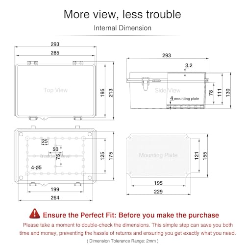 Qilipsu QL Waterproof Junction Box, Ip67 Outdoor Abs Plastic Electrical Enclosure With Mounting Plate, Wall Brackets, Weatherproof Hinged Grey Cover thumb #5
