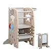 Unicoo multifunctional kids step stool with double safety rails height adjustable toddler tower for kitchen countertop and bathroom with big drawing board games omlt light brown  urban country home decor
