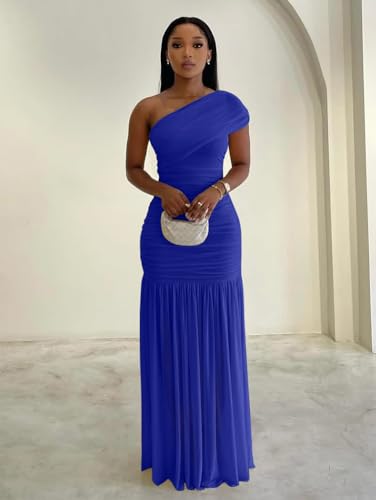 Image of LAGSHIAN Women's Elegant Formal Long Dress One Shoulder Sleeveless Ruched Bodycon Evening Dress
