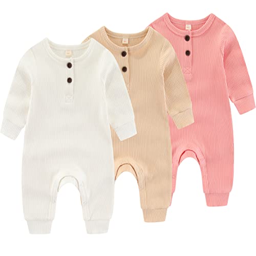 Newborn Baby Boys Girls One Piece Romper with Mitten Cuffs Solid Long Sleeve Ribbed Button Jumpsuit Outfit Clothes