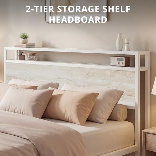 Image of LIKIMIO Queen Bed Frame with Headboard, Wood Camas Queen with Strong Supports, Sturdy, Noise-Free, No Box Spring Needed, White Maple