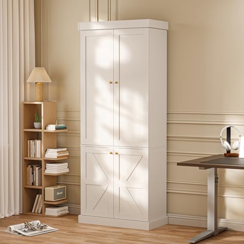 Image of Vyre 70.8 inch Tall White Bookshelf with Doors, Farmhouse Modular Bookcase with 4-Tier Adjustable Shelves, Large Storage Cabinet for Home Office, Living Room
