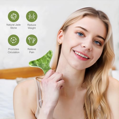 Image of Jade Stone Gua Sha Massage Tool Set Larger Guasha Board with Handle Muscle Scraping Massage Tools Facial Anti Cellulite Spa Acupuncture Tools for Back Neck Face Leg Massage, Lymphatic Drainage