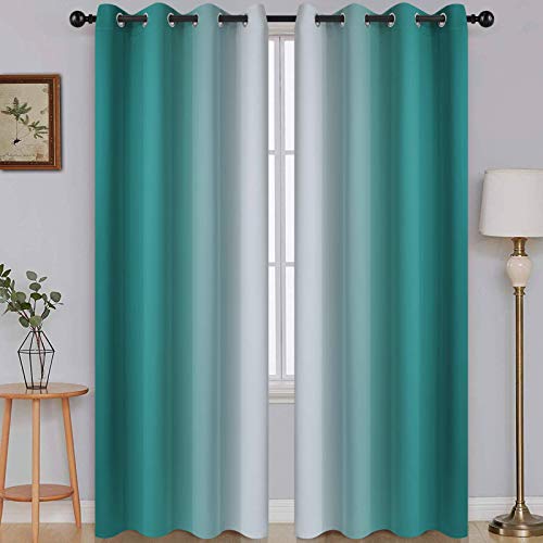 Image of SimpleHome Ombre Teal to Grey White Curtains for Living Room 52Wx84L | Room Darkening Curtains for Bedroom,Gradient Light Blocking Curtain,Thermal Insulated Grommet Window Drapes,2 Panels,84 Inch