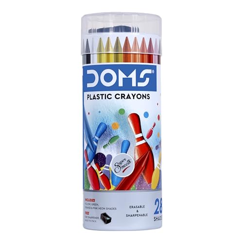 Image of Doms 28 Shades Erasable Plastic Crayons Round Tin Box | Smooth & Even Shading | Bright & Playful Colors | Free Sharpner Inside | Non-Toxic & Safe For Childrens | Pack of 1