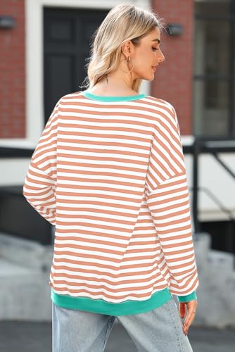 Image of AlvaQ Womens Oversized Sweatshirt 2024 Casual Crewneck Long Sleeve Colorblock Striped Pullover Tunic Tops Outfits