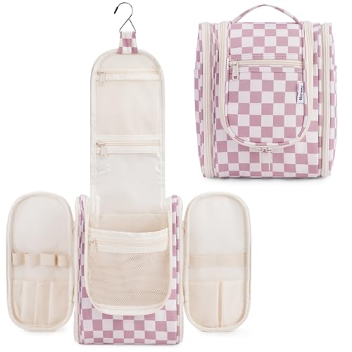 Narwey Klein Kariert Kulturbeutel Damen & Kulturbeutel Herren - Kinder Kulturtasche Zum Aufhängen & Männer Kosmetiktasche - Waschtasche für Frauen & Mädchen (Kariert Staubrosa (Klein))