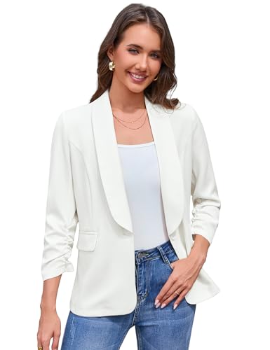 YesFashion Damen Blazer Elegant Langer Revers Open Front Blazer Arbeit Büro Business Jacke Weiß M
