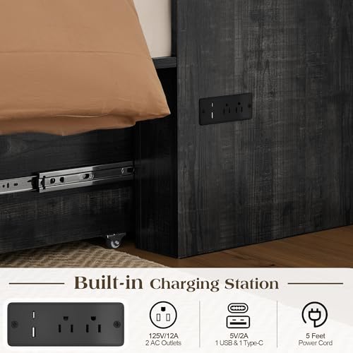 Image of LUXOAK Twin Murphy Bed with 6 inch White Tri-Fold Memory Foam Mattress, Storage Drawer & Charging Station, Space-Saving Design for Home Office or Guest Room, Black Oak