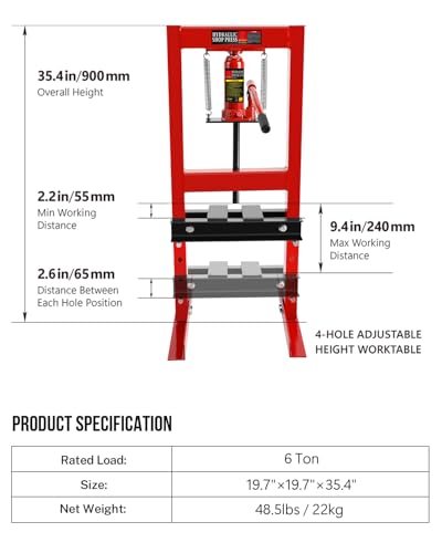 Image of Hydraulic Press,6 Ton H-Frame Garage Floor Adjustable Shop Press with Stamping Plates to Bend, Straighten, Or Press Parts, Install Bearings & U-Joints