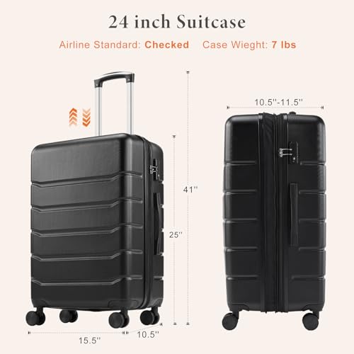 Image of Sweetcrispy Carry on Luggage, Hard Shell ABS Suitcase with Double Spinner Wheels, Lightweight Expandable Rolling Suit Case with TSA Lock, 24 Inch Bronze Black