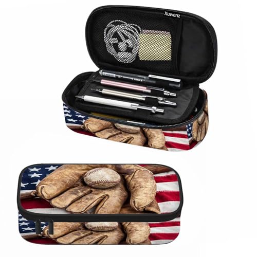 Image of Vintage Baseball Pencil Holder Bag American Flag Bat Glove Cowboy Pencil Case College Office Organizer School Supply for Boy Girl Teens Adults
