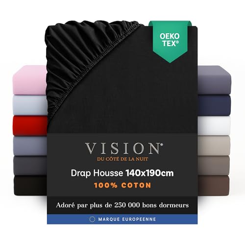 Vision Drap Housse - 100% Coton Lit Double (140x190cm) - Noir | Coins Élastiqués | Tissage Serré: 57 Fils | Convient aux Matelas Jusqu’à 25cm | Confortable | Lavable en Machine | Certifié Oeko-Tex