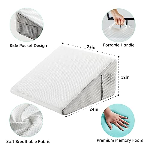 Image of Bedluxe Wedge Pillow, 12 inch Bed Wedge Pillow for Headboard, Pillow Wedge for Acid Reflux Relief, Sleeping, After Surgery, Snoring, Gerd, Triangle Pillow Wedge - Cooling Memory Foam Top, White /Grey