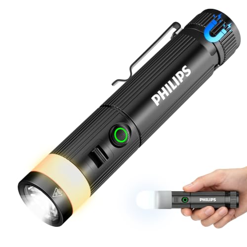 PHILIPS SFL5288 Rechargeable EDC Flat Flashlight with Camping, Warm White LED Combo, 1000 High Lumens Aluminium Portable Pocket Lights with 10 Modes, Two Sources for Outdoors Emergency Working (Black) - image 1