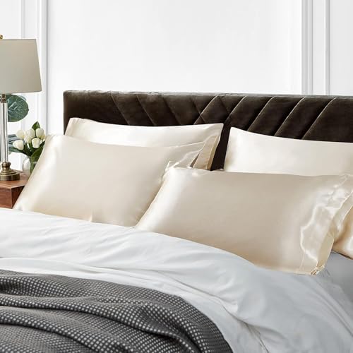 Image of Satin Pillow Covers Set of 2 - Soft & Smooth Pillowcases for Hair & Skin Care | Envelope Closure | Includes 3 Free Random Color Scrunchies | Frizz-Free Sleep Essentials (Beige)