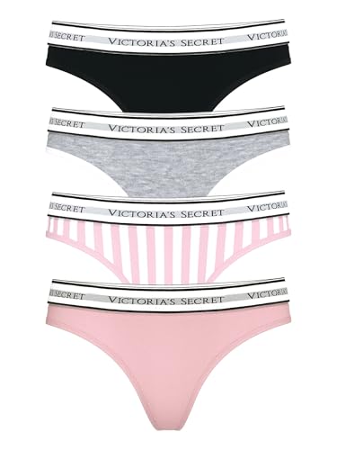 Victorias Secret Womens Cotton Logo Thong Underwear Panties for Women Pack of 4 Solids & Iconic Stripe S