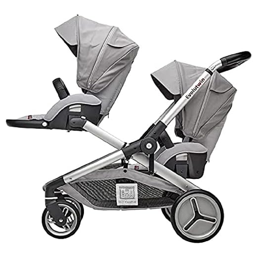 RED CASTLE, Cochecito de bebé gemelos/tándem/doble, desde el nacimiento, Asientos reversibles/respaldo de 3 posiciones, Cesta grande de almacenamiento, Chasis ajustable, Modulable, Evolutwin, Gris