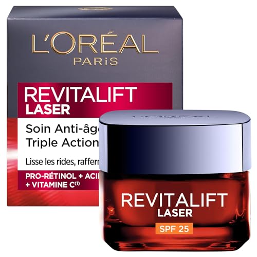 L'Oréal Paris - Soin Visage Anti-Âge FPS 25 - Crème de Jour Triple Action avec Protection UV - À l'Acide Hyaluronique, Pro-Rétinol & Vitamine C - Tous Types de Peaux - Revitalift Laser X3 - 50 ml