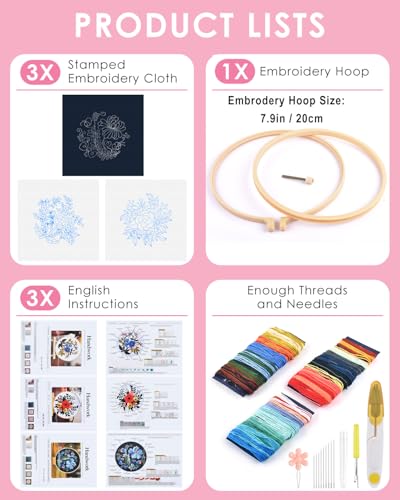 Image of TINDTOP 3 Sets Embroidery Kit for Adults, Floral Embroidery Practice Kit | for Beginners Include Embroidery Cloth Hoops Threads for Craft Lover Hand Stitch with Embroidery Skill Techniques