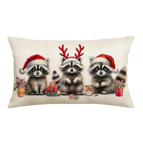 NUTEEN Christmas Pillow Cover 12X20 Inch Raccoon Merry Christmas Decoration Holiday Farmhouse Winter Pillow Case for Sofa Couch Decor