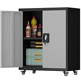 HOMOFFICE Storage Cabinet with Wheels, Metal Garage Tool Storage Cabinets with Lock, Lockable Steel Rolling Tool Chest with 2 Doors & Adjustable Shelves for Garage, Home Office, Black Grey, 31.5''