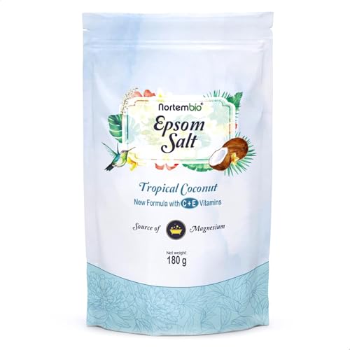 Nortembio Sales de Epsom para Baño Aroma Coco Tropical 180 g Sal de Magnesio para Spa en Casa, Baños Relajantes y Cuidado Corporal + eBook Gratis