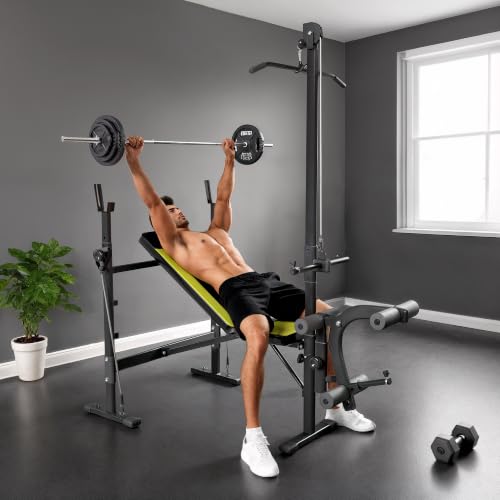 HOMCOM Banc de Musculation Traction Dossier Réglable Curler Noir Jaune | Entrainement Complet, Cordes, Supports Barre et Haltères