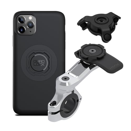 Image of Quad Lock Motorcycle Handlebar Phone Mount PRO Chrome with Vibration Dampener and MAG Phone Case for iPhone 11 Pro Max