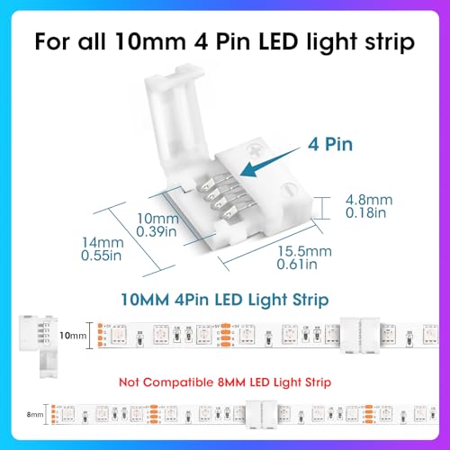 Image of 10Packs 4-Pin RGB LED Light Strip Connectors 10mm Unwired Gapless Solderless Adapter Terminal Extension (Pack of 2)