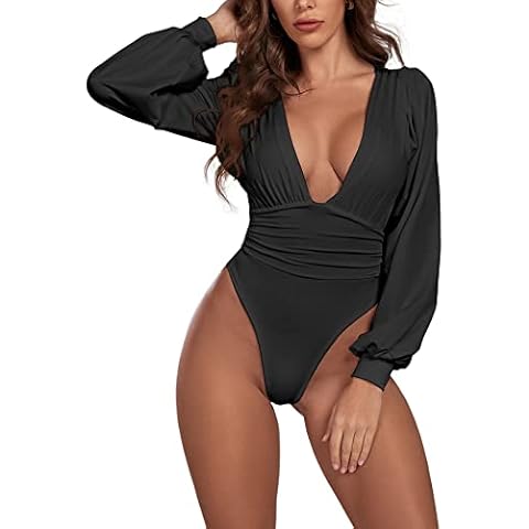 Umenlele Women's Plunging V Neck Ruched Pleated Long Sleeve Top Leotard Bodysuit Black Large Cover