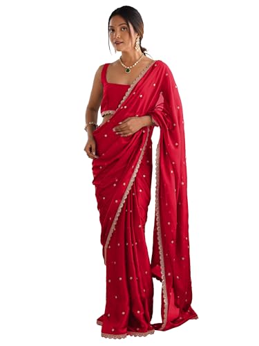 AKHILAM Women's Pure Georgette Embroidered Saree With Unstitched Blouse Piece
