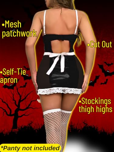 ShawGobow Roupa de empregada francesa para mulheres, laço frente única, 3 peças, lingerie de couro,