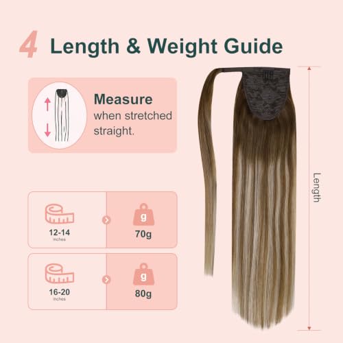 Image of Easyouth Ponytail Extension Human Hair, Medium Brown Balayage Caramel Blonde, 12 Inch 70G, Pony Tail Extensions, Add Length and Volume for Women