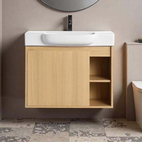 Image of 28 inch Bathroom Vanity with Ceramic Sink, Modern Wall-Mounted Bathroom Vanity with Soft-Close Door & 2 Open Storage Shelves, Farmhouse, Undermount Storage Cabinet, Easy to Clean, Light Oak