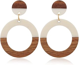 Retro Wooden Resin Geometric Bar Drop Dangle Earrings Layered Leopard for Women Polymer Clay Lightweight Statement Jewelry