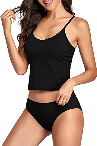 Upopby Women's Athletic Tankini Swimsuits for Women Ribbed Two Piece Bathing Suits Sports Crop Top Swimsuits with Shorts3